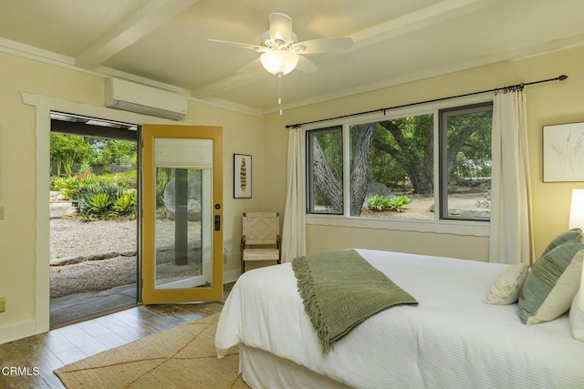 bedroom featuring wood finished floors, a wall mounted AC, access to exterior, and multiple windows