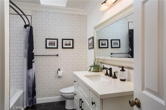 bathroom featuring tile patterned floors, vanity, toilet, shower / bath combination with curtain, and ornamental molding