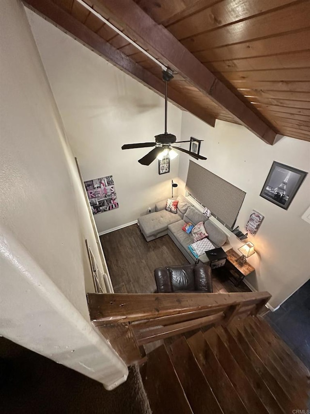 18326 Brightman Ave, Lake Elsinore, CA 92530 - living area with lofted ceiling with beams, wood ceiling, a ceiling fan, and wood finished floors