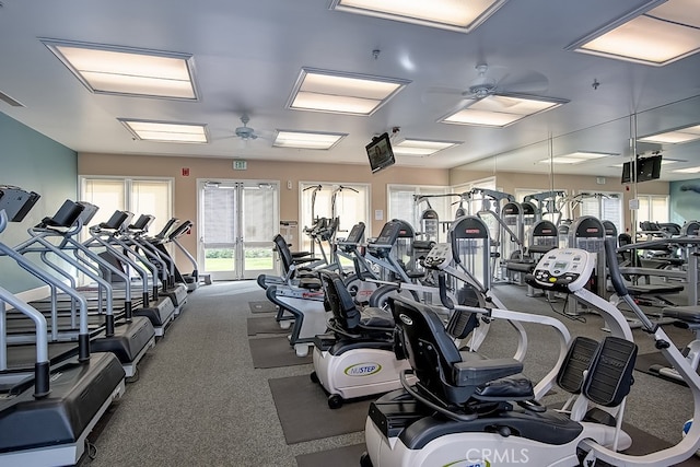 gym featuring a ceiling fan and carpet flooring