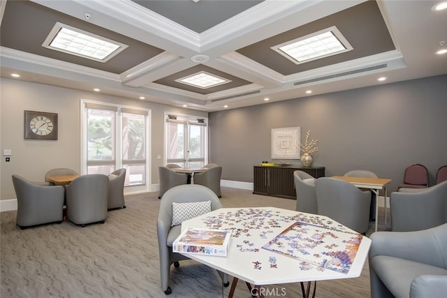 dining room featuring baseboards, ornamental molding, carpet flooring, and beamed ceiling