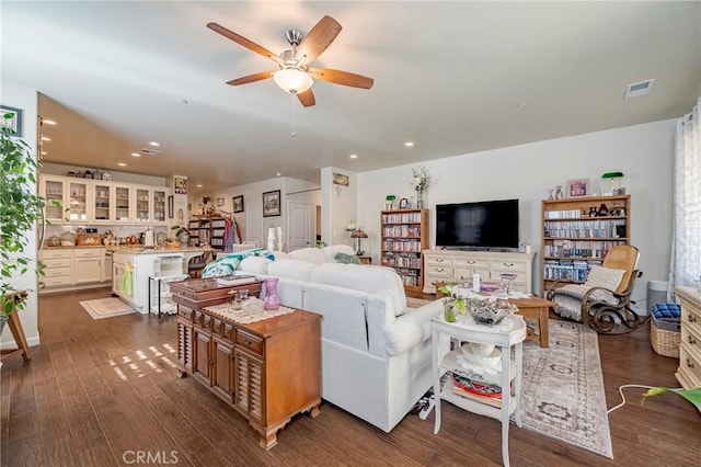 718 Marybelle Dr, Merced, CA 95348 - living room featuring a ceiling fan, visible vents, recessed lighting, and dark wood finished floors