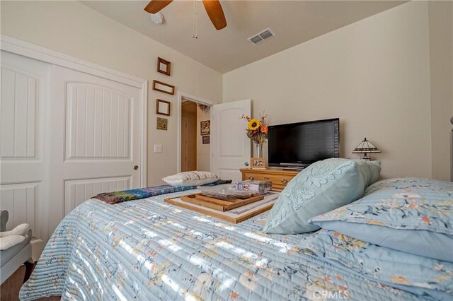 718 Marybelle Dr, Merced, CA 95348 - bedroom featuring a ceiling fan, visible vents, and a closet