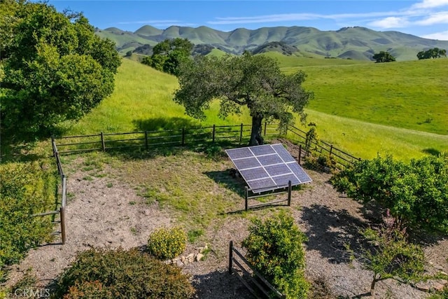 view of property's community with fence, a rural view, and a mountain view