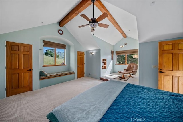 bedroom featuring carpet flooring, a ceiling fan, and lofted ceiling with beams