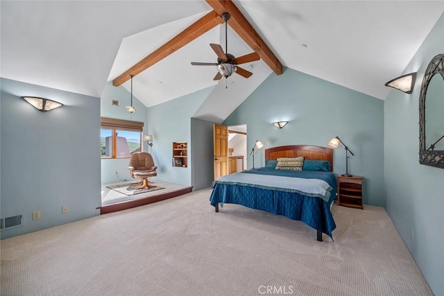 carpeted bedroom featuring lofted ceiling with beams, ceiling fan, and visible vents