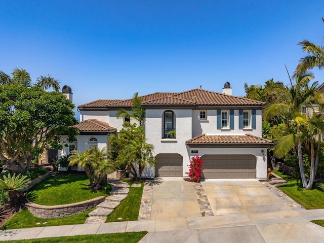 7076 Heron Cir, Carlsbad, CA 92011 - mediterranean / spanish house featuring a garage, driveway, stucco siding, a tiled roof, and a chimney