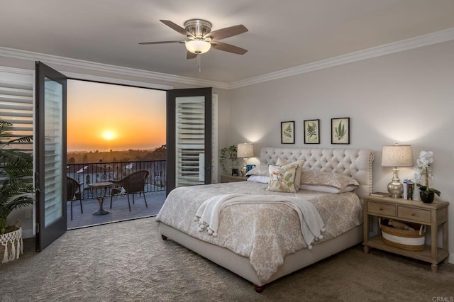 7076 Heron Cir, Carlsbad, CA 92011 - bedroom featuring access to exterior, crown molding, carpet flooring, and a ceiling fan