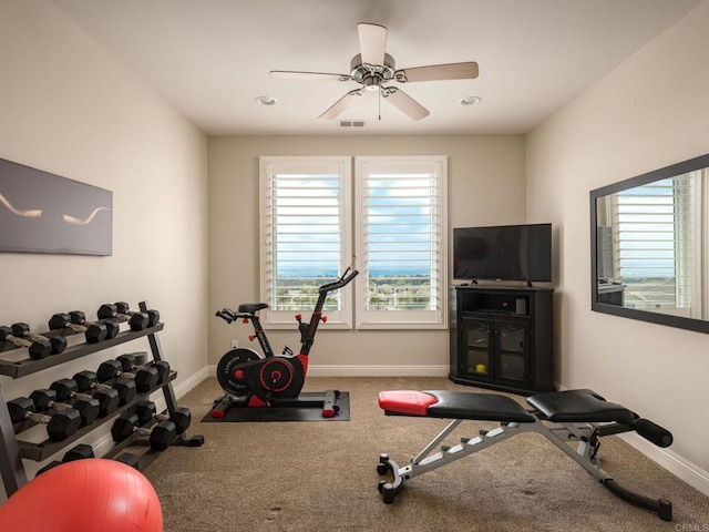 7076 Heron Cir, Carlsbad, CA 92011 - exercise room featuring carpet flooring, baseboards, ceiling fan, and recessed lighting