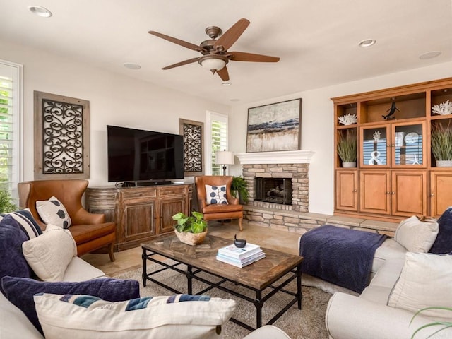 7076 Heron Cir, Carlsbad, CA 92011 - living area featuring ceiling fan, a stone fireplace, and recessed lighting