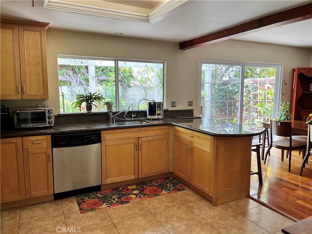 kitchen with dark stone counters, stainless steel dishwasher, a sink, a toaster, and a peninsula