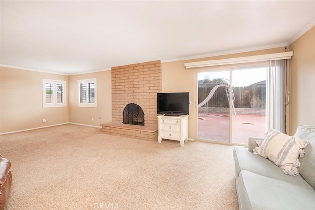 unfurnished living room with a brick fireplace, crown molding, and light carpet