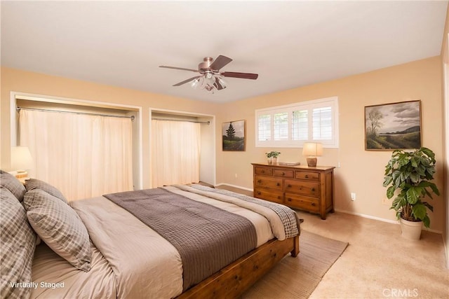 bedroom featuring carpet, a ceiling fan, and baseboards