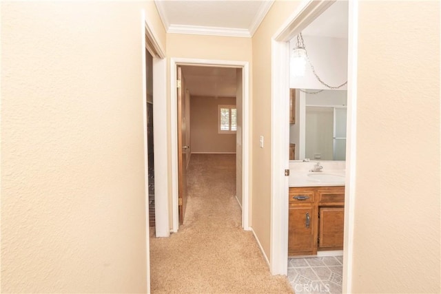 corridor with light carpet, ornamental molding, and a sink