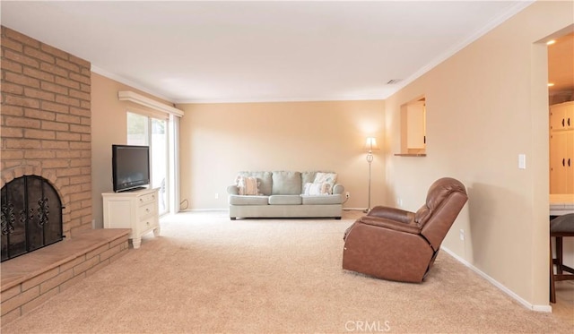 carpeted living area with baseboards, a fireplace, and crown molding