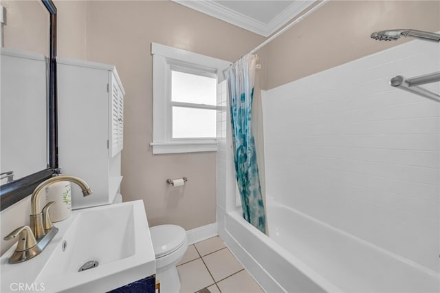 full bath with tile patterned floors, vanity, shower / tub combo, toilet, and ornamental molding