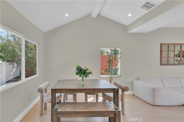 13301332 N Lincoln St, Burbank, CA 91506 - dining space with vaulted ceiling with beams, light wood finished floors, baseboards, visible vents, and recessed lighting