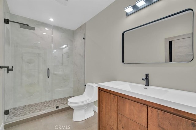 13301332 N Lincoln St, Burbank, CA 91506 - bathroom featuring a marble finish shower, vanity, toilet, tile patterned flooring, and recessed lighting