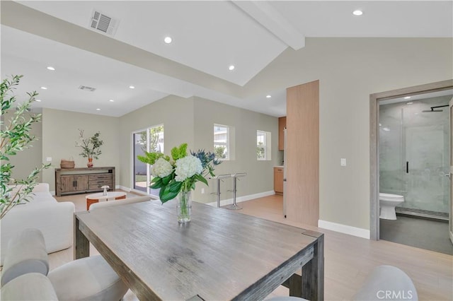 13301332 N Lincoln St, Burbank, CA 91506 - dining space featuring lofted ceiling with beams, light wood-style flooring, baseboards, visible vents, and recessed lighting
