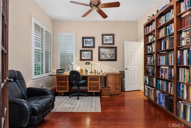 office space featuring hardwood / wood-style flooring and ceiling fan
