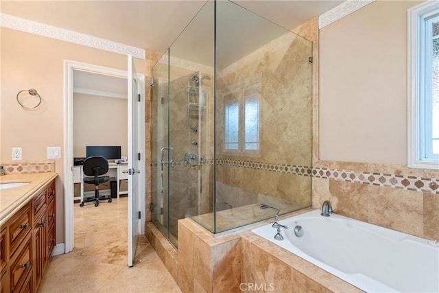 130 Mariposa Way, Brea, CA 92823 - full bath featuring a garden tub, vanity, tile patterned flooring, and a shower stall