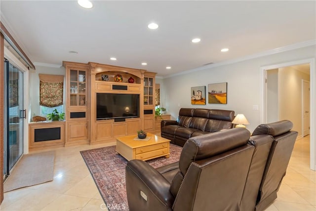 130 Mariposa Way, Brea, CA 92823 - living room with recessed lighting, ornamental molding, and light tile patterned flooring