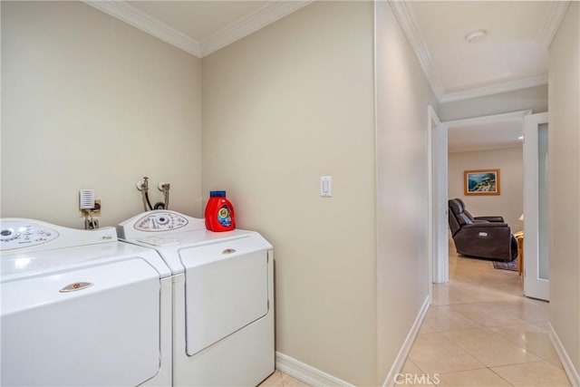 130 Mariposa Way, Brea, CA 92823 - laundry area featuring washing machine and clothes dryer, baseboards, crown molding, laundry area, and light tile patterned floors