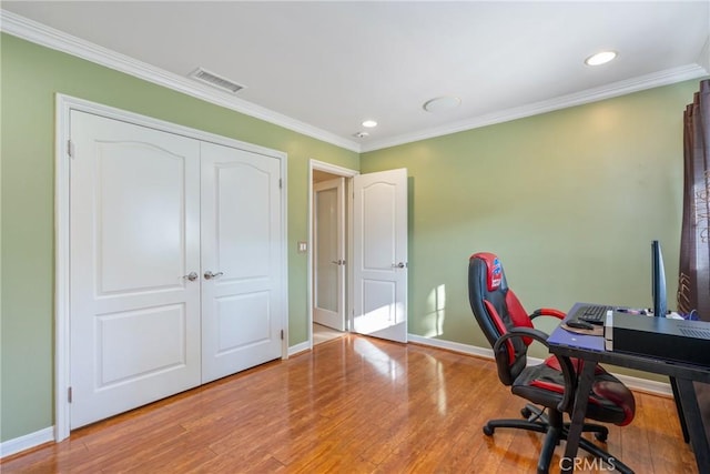 130 Mariposa Way, Brea, CA 92823 - home office with wood finished floors, visible vents, baseboards, and ornamental molding
