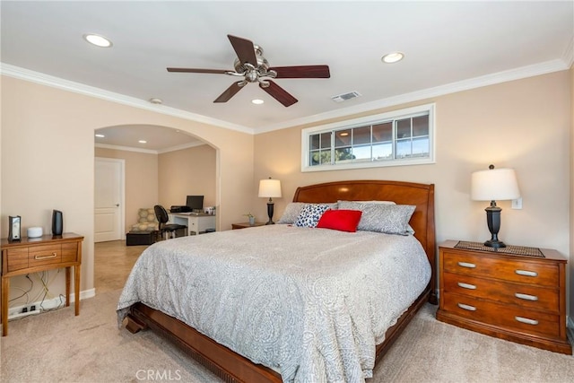 130 Mariposa Way, Brea, CA 92823 - bedroom with crown molding, arched walkways, carpet flooring, visible vents, and recessed lighting