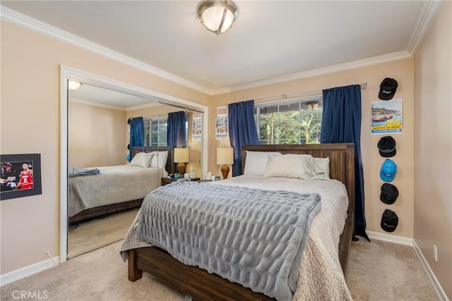 130 Mariposa Way, Brea, CA 92823 - carpeted bedroom featuring baseboards, a closet, and ornamental molding