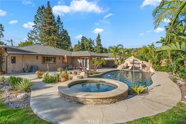 130 Mariposa Way, Brea, CA 92823 - outdoor pool featuring cooling unit, a patio area, and an in ground hot tub