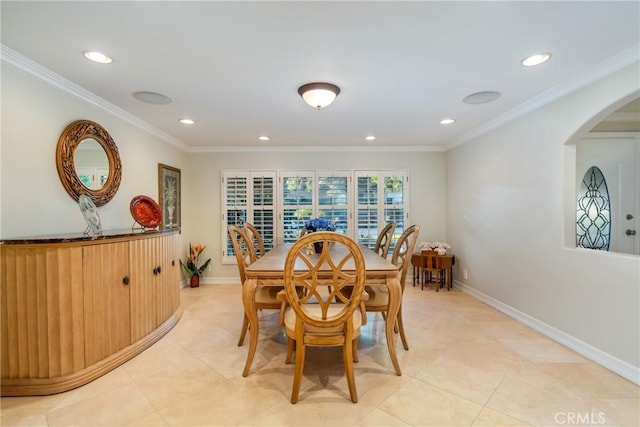 130 Mariposa Way, Brea, CA 92823 - dining space featuring light tile patterned floors, arched walkways, recessed lighting, and ornamental molding