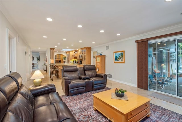 130 Mariposa Way, Brea, CA 92823 - living area with recessed lighting, visible vents, light tile patterned flooring, crown molding, and baseboards