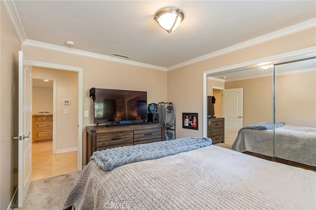 130 Mariposa Way, Brea, CA 92823 - tiled bedroom with a closet, visible vents, crown molding, and baseboards
