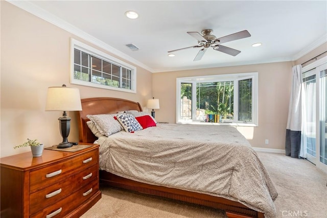 130 Mariposa Way, Brea, CA 92823 - bedroom with light carpet, visible vents, recessed lighting, and ornamental molding