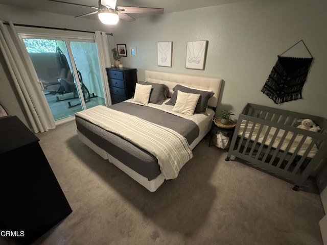 bedroom with access to outside, a ceiling fan, and carpet