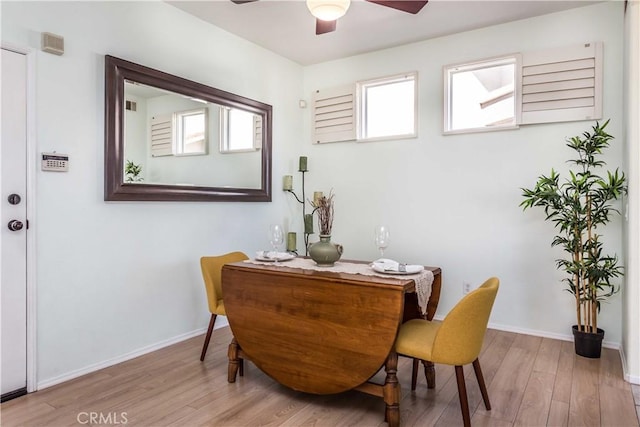 dining space featuring visible vents, baseboards, a ceiling fan, and wood finished floors