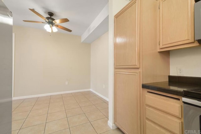 18614 Caminito Cantilena Unit 324, San Diego, CA 92128 - kitchen featuring light brown cabinetry, a ceiling fan, tile countertops, light tile patterned floors, and baseboards