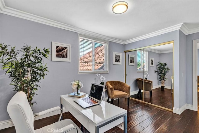 office with dark wood-style flooring, baseboards, and crown molding