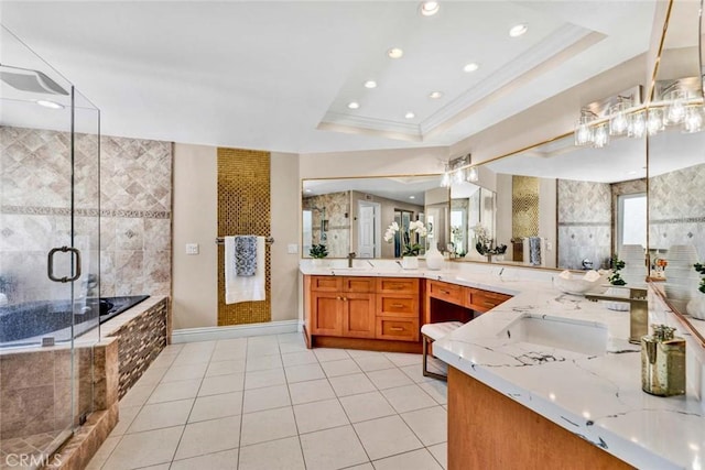 full bath with crown molding, a stall shower, tile patterned flooring, a raised ceiling, and a bath