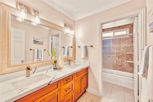 full bathroom with tile patterned flooring, double vanity, combined bath / shower with glass door, and ornamental molding