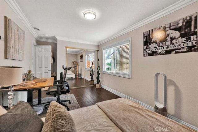 office with crown molding, baseboards, and wood-type flooring