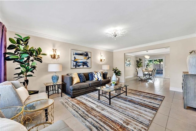 tiled living area featuring crown molding and baseboards
