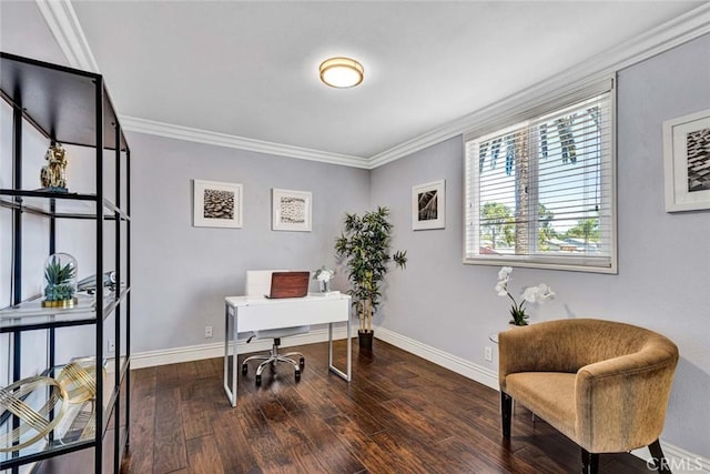 office space featuring ornamental molding, baseboards, and dark wood-type flooring