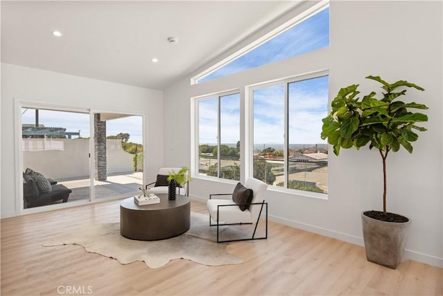 living area with recessed lighting, wood finished floors, a healthy amount of sunlight, and baseboards