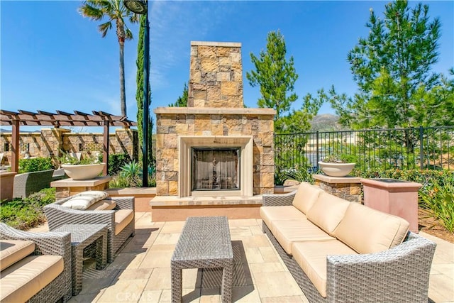 20512 W Esmeralda Ln, Porter Ranch, CA 91311 - view of patio featuring an outdoor living space with a fireplace and a pergola