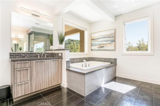 20512 W Esmeralda Ln, Porter Ranch, CA 91311 - full bath with vanity, a bath, tile patterned floors, and baseboards