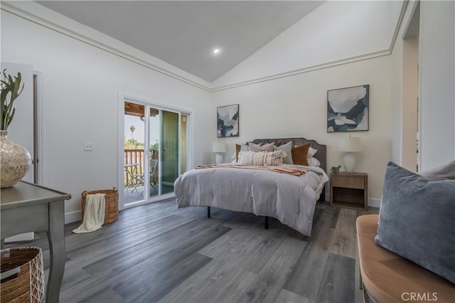bedroom with baseboards, recessed lighting, wood finished floors, access to outside, and high vaulted ceiling