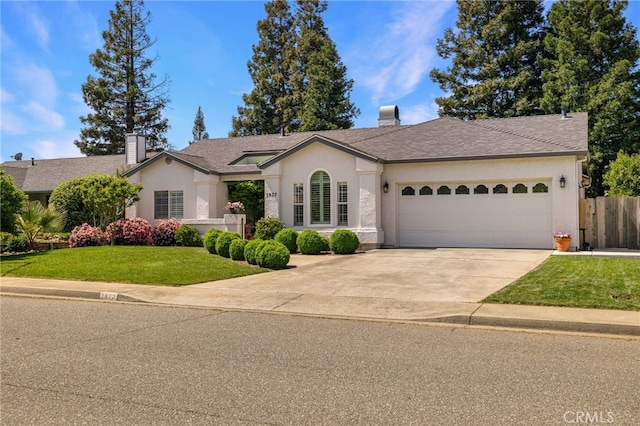 single story home featuring a chimney, concrete driveway, a garage, a front yard, and stucco siding