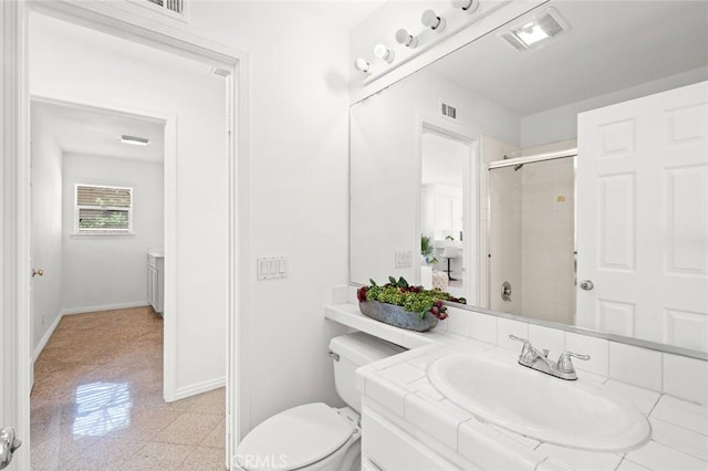 2811 Westbourne Pl, Rowland Heights, CA 91748 - bathroom with a shower with shower door, visible vents, toilet, vanity, and baseboards